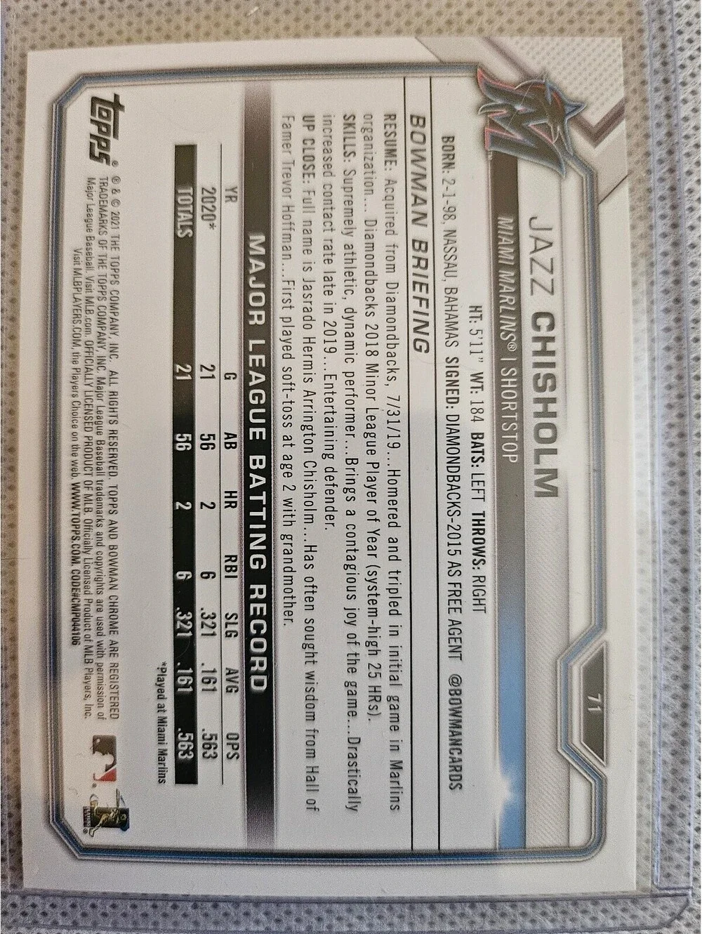 Jazz Chisholm #71 [Rookie] - 2021 Bowman - Miami Marlins